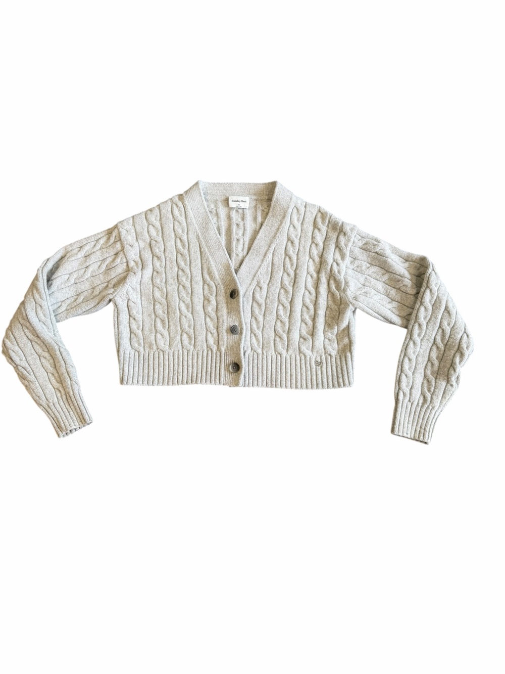 Sunday Best Aritzia Cropped Cable Knit Merino Wool Blend Cardigan Light Gray XS